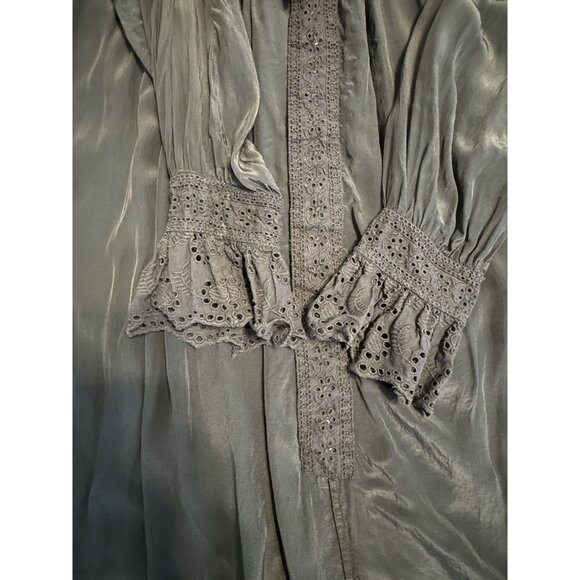 Nikki Chasin Small Sonnet Dress Ruffle Collar Cuff Eyelet Button Maxi Silky Navy - Picture 10 of 15